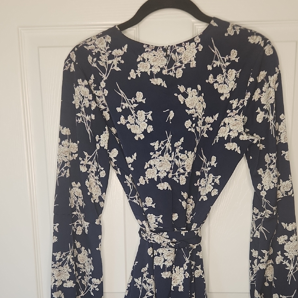 Navy Dark Blue Floral Flirty Faux Wrap Fabric Belt Long Sleeve Dress Size M - Picture 8 of 11